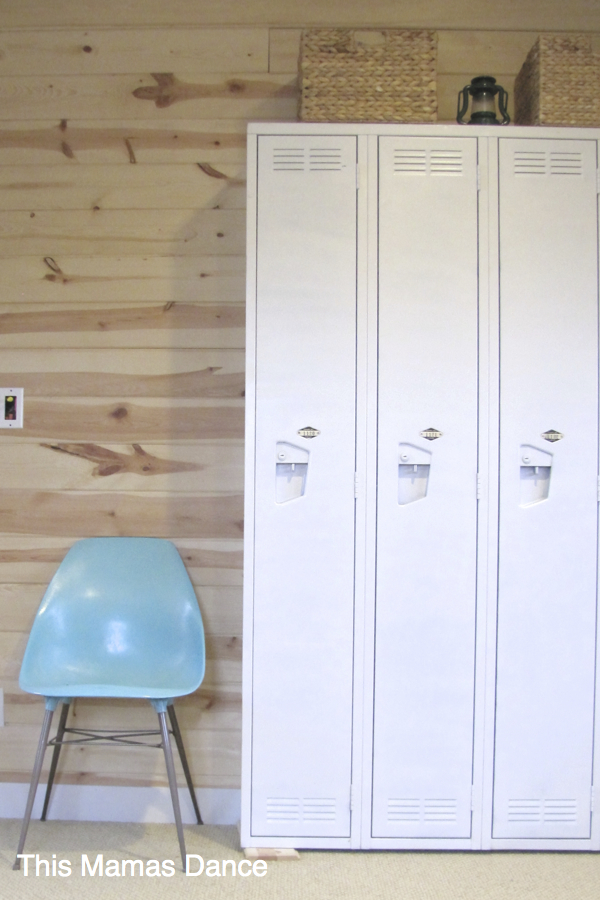 Love this mudroom with knotty pine walls and vintage lockers kellyelko.com