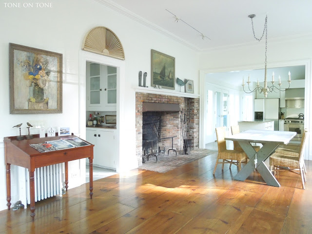 Antique pine floors steal the show in this historic dining room kellyelko.com