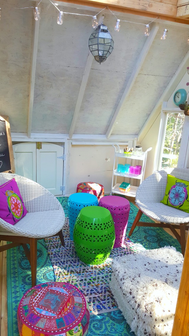 Love this colorful furniture in this rustic treehouse kellyelko.com