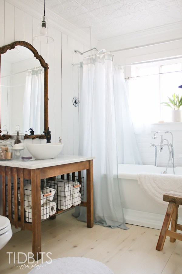 Cottage bathroom renovation - love the vanity and free standing tub kellyelko.com