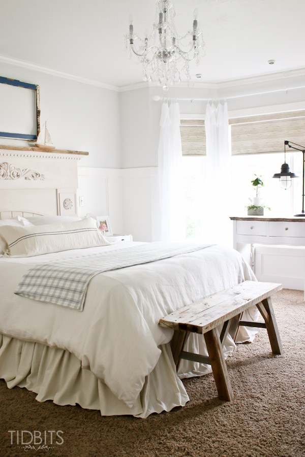 Cottage bedroom - love the rustic wood bench at the end of the bed kellyelko.com