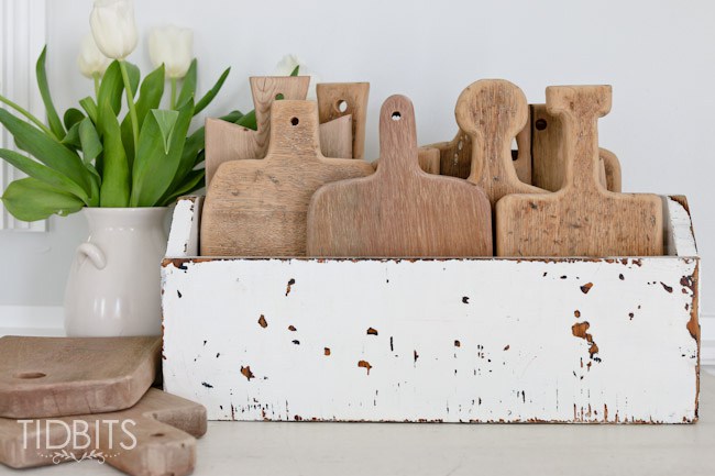 Cutting board collection - cute displayed in a rustic old toolbox kellyelko.com