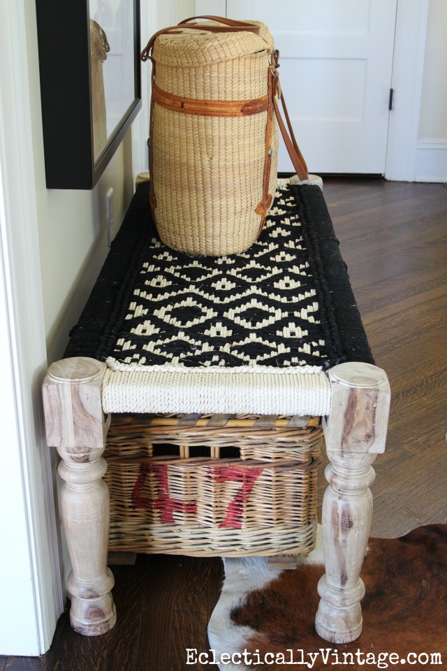 Love this beautiful Chindi woven fabric bench in graphic black and white kellyelko.com