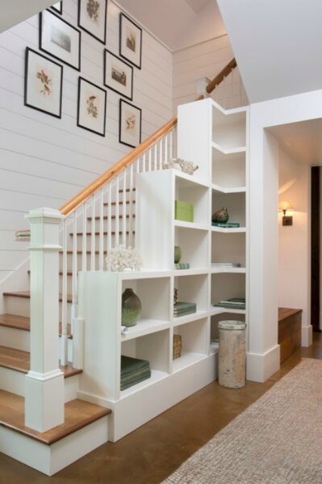 Love this planked wall staircase with built in bookcase kellyelko.com