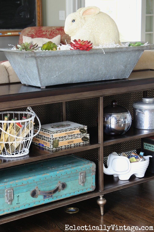 Console table display - love the huge zinc trough on top kellyelko.com