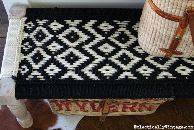 Woven fabric bench - love the pattern in black and white kellyelko.com