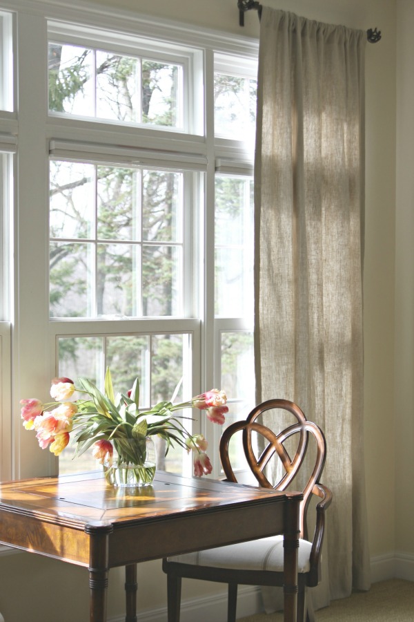 Burlap curtains - such a beautiful light filled room kellyelko.com