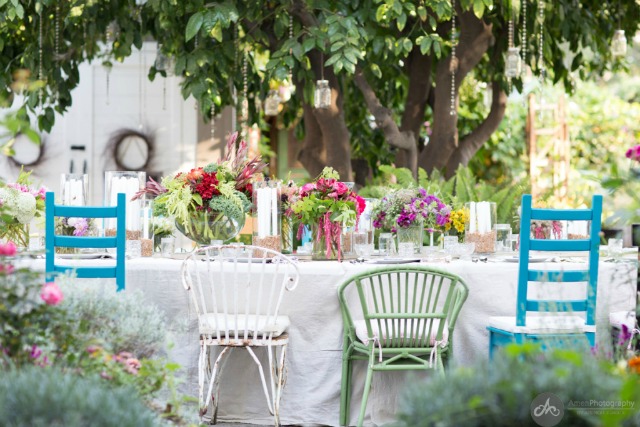 Farm house garden party - love the mismatched chairs kellyelko.com