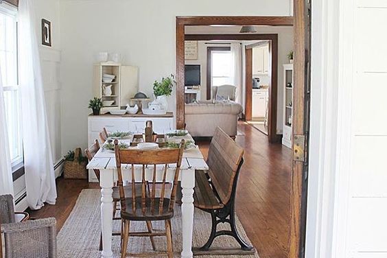 Farmhouse dining room - love the mismatched chairs with the bench and white table kellyelko.com