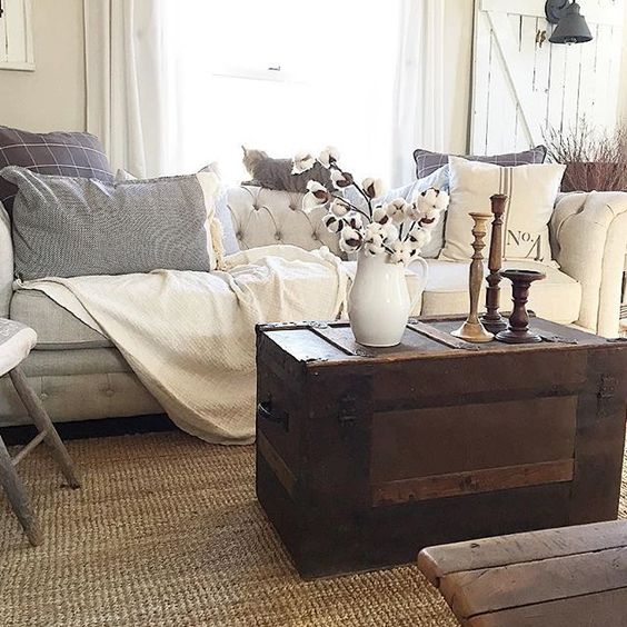 Love this cozy family room with tufted sofa and antique trunk coffee table kellyelko.com