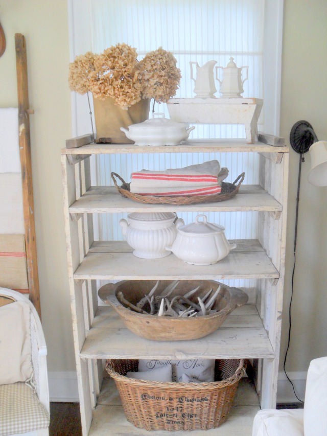 Collecting ironstone - love this shelf display with baskets kellyelko.com