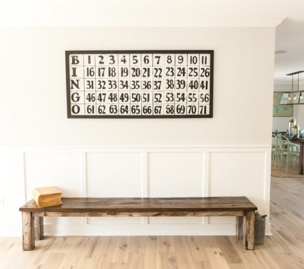 Simple foyer with huge bench and bingo art kellyelko.com