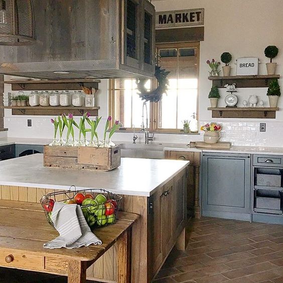 Love the mix of wood, tile and painted cabinets in this rustic farmhouse kitchen kellyelko.com