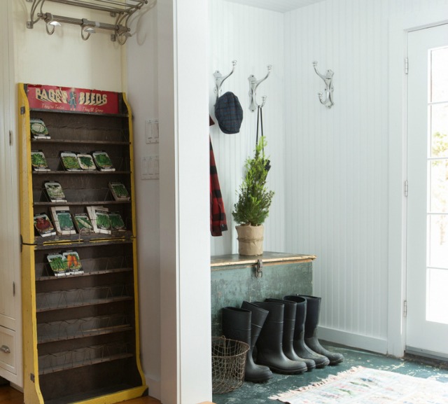 Love this farmhouse mudroom with bead board walls and vintage finds kellyelko.com