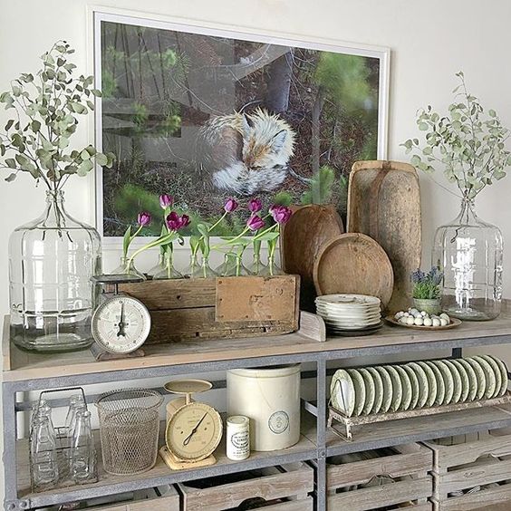 Love these industrial shelves filled with farmhouse finds kellyelko.com