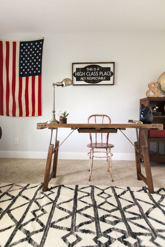 Fun home office - love the flag hung as art kellyelko.com