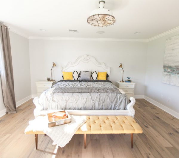 Bright master bedroom - love the gray and yellow color combination kellyelko.com