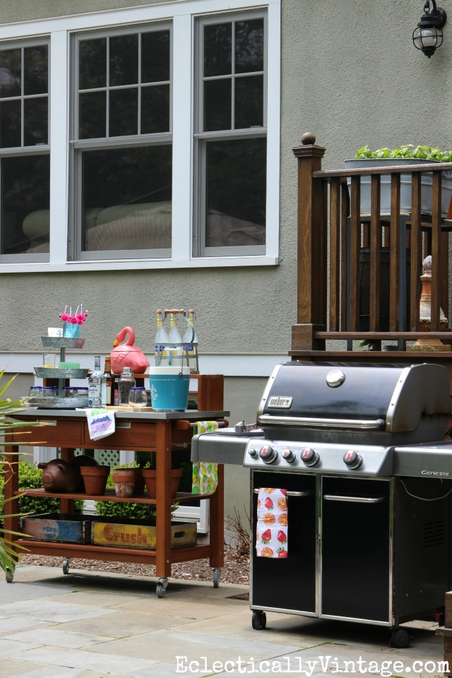 Outdoor grilling station - love the bar cart that is perfect for an barbecue buffet kellyelko.com