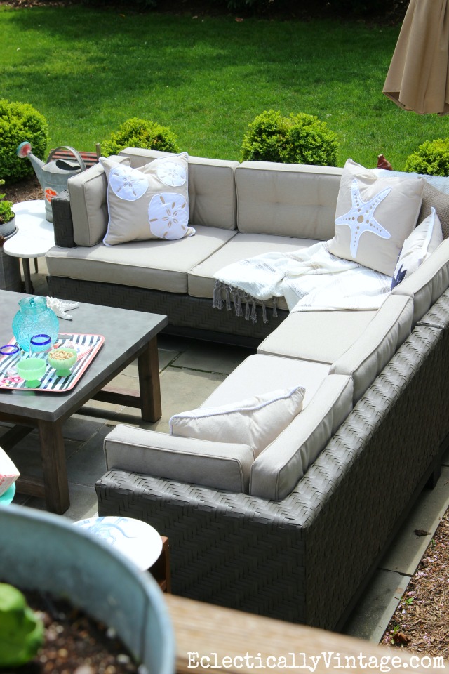 Cozy outdoor sectional sofa - love the coastal pillows kellyelko.com