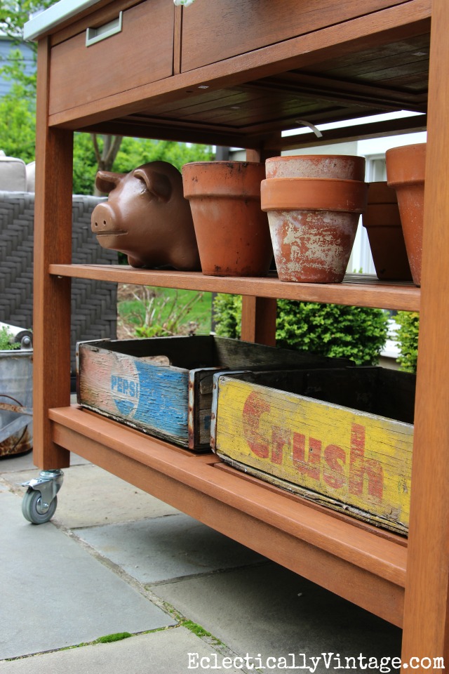 Love this potting bench and the old soda crates kellyelko.com