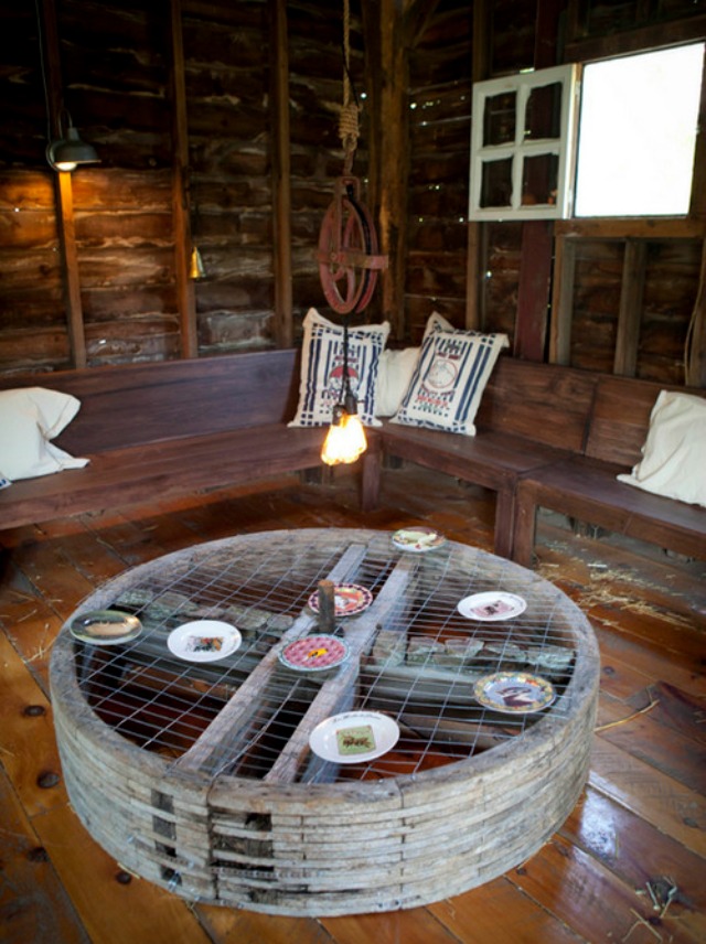 Rustic barn - love the exposed wood and the wrap around bench kellyelko.com