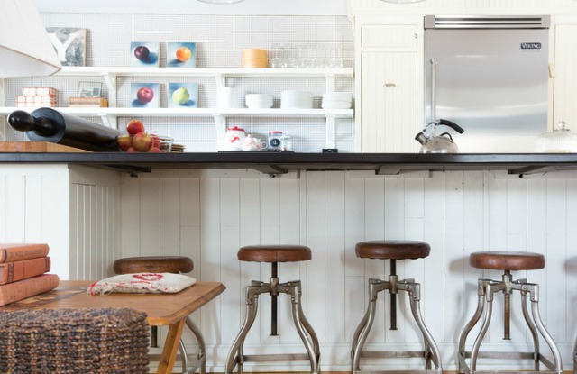 Love these vintage swivel barstools and open shelves in this kitchen kellyelko.com 