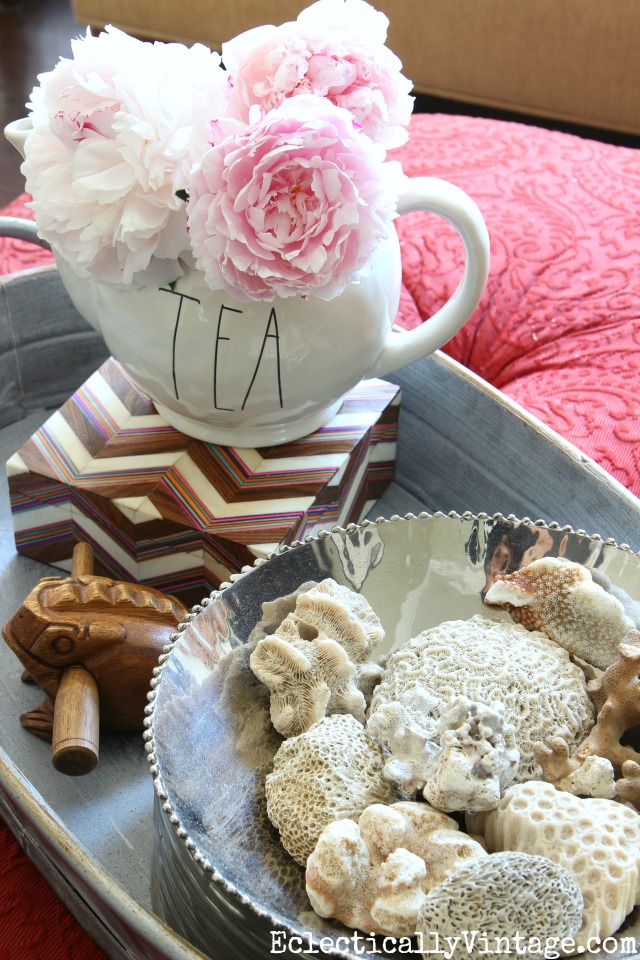 Love this bowl of coral displayed on a big tray kellyelko.com