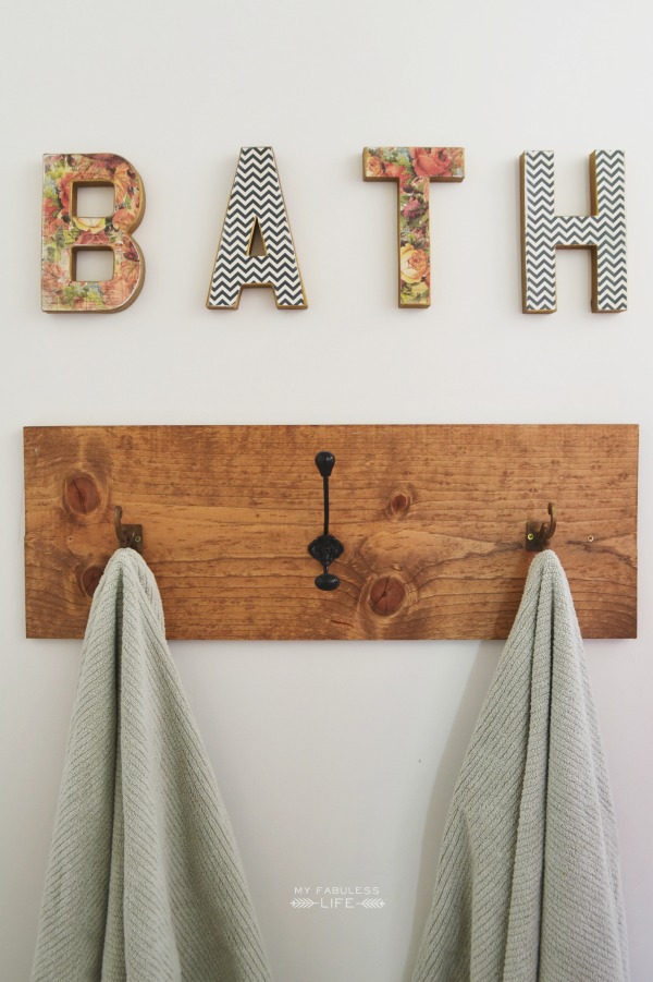 DIY rustic wood towel hook - love the bath sign too kellyelko.com