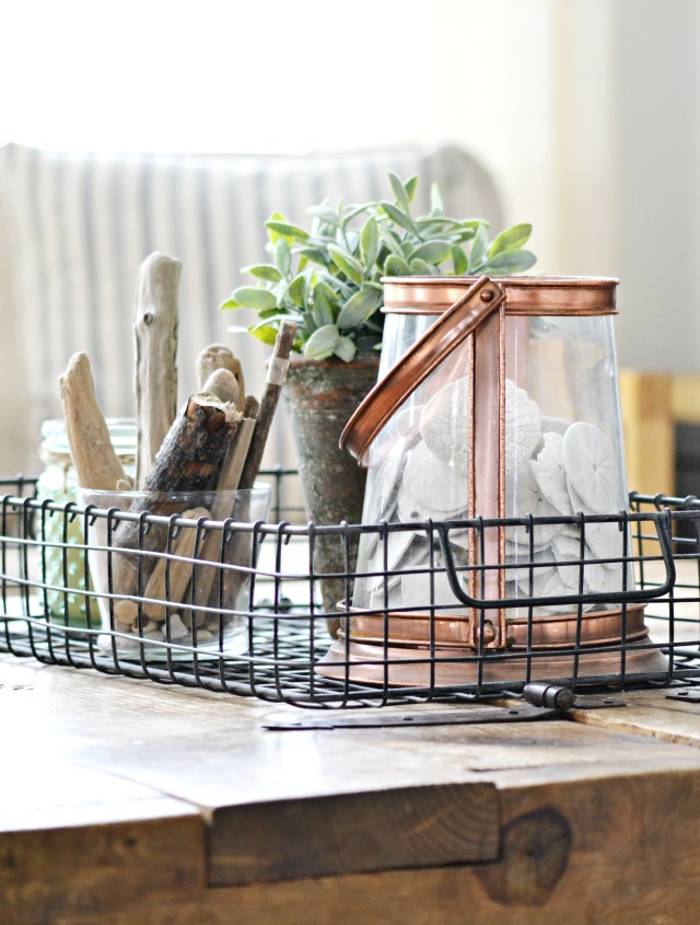 Summer tray display - shells and driftwood in a wire tray kellyelko.com