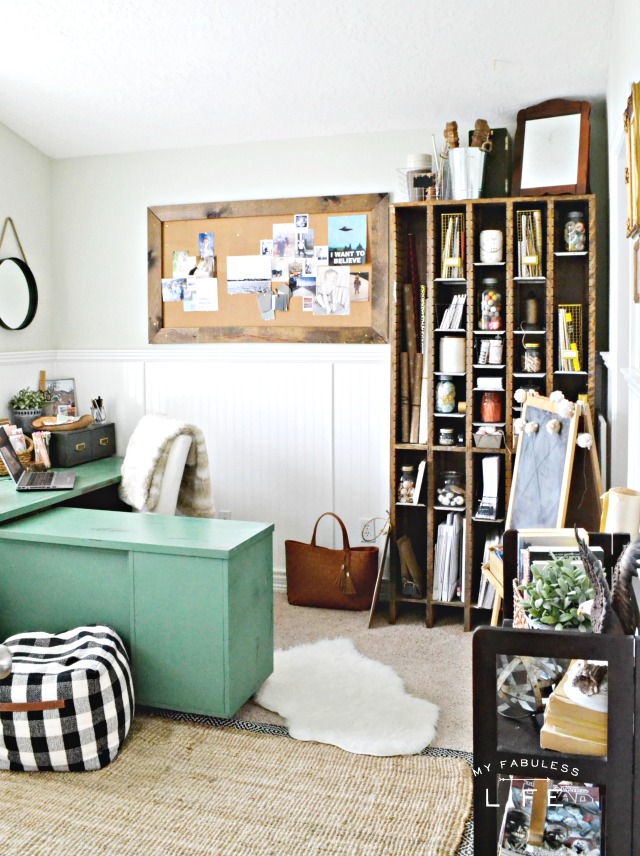 Love this eclectic home office - so many rustic finds make a cozy room kellyelko.com