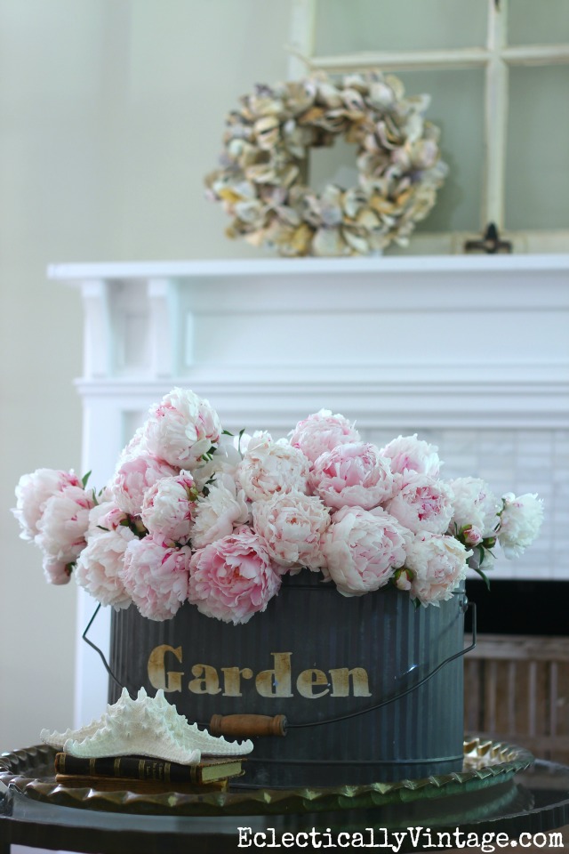 Love this huge peony arrangement in a metal garden tote kellyelko.com