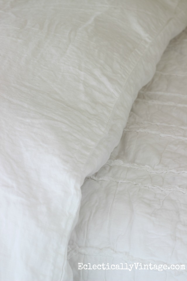 Pair linen and ruffled bedding for a layered textural bed kellyelko.com