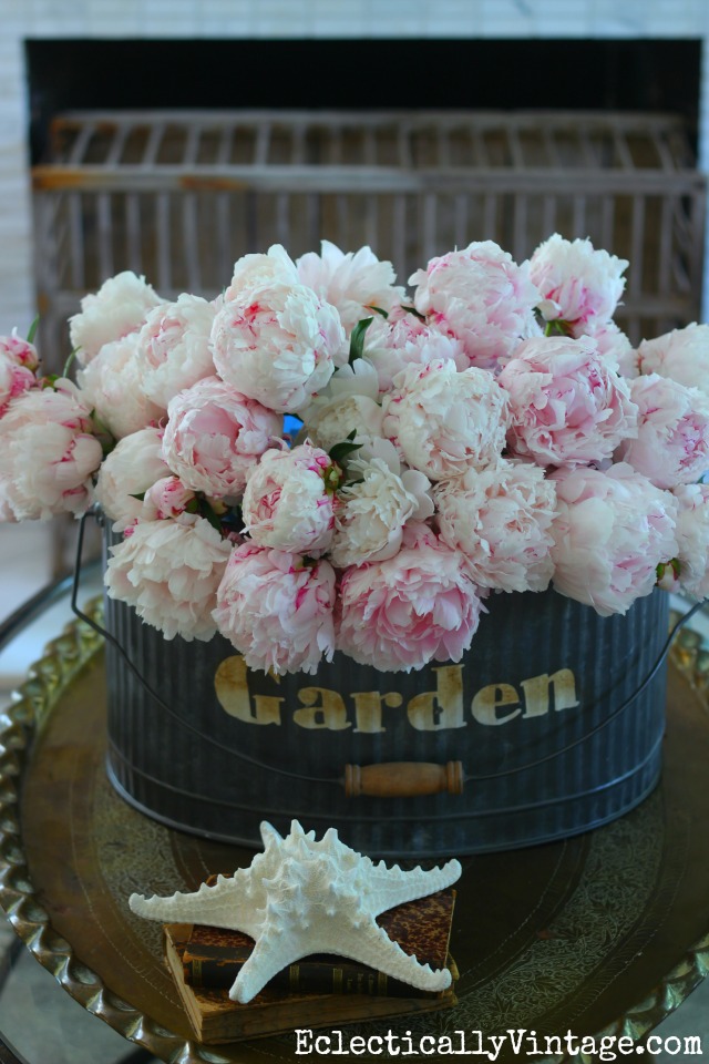 How amazing is this huge galvanized bucket of peonies! kellyelko.com