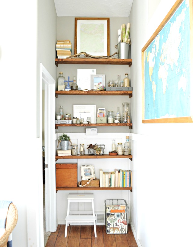 Love these rustic open shelves and her collections kellyelko.com