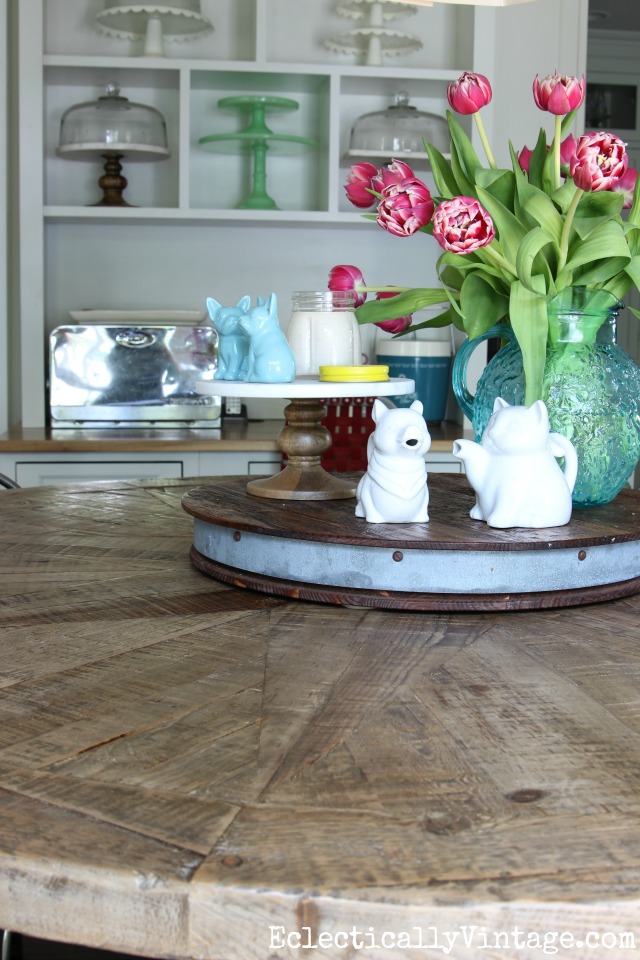 Farmhouse dining table - love this rustic pieced wood table kellyelko.com