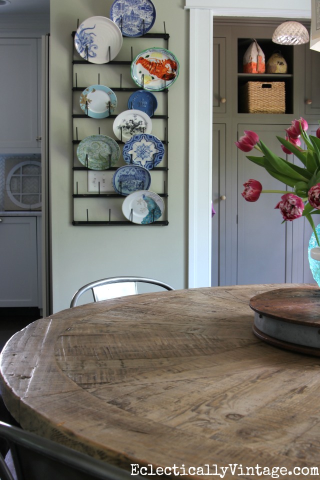 Love this kitchen - that farmhouse table is amazing and love the plate rack kellyelko.com