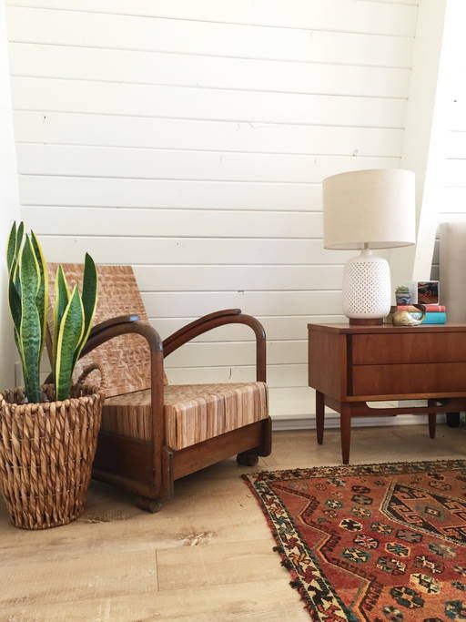 I love mid century furniture against shiplap walls kellyelko.com