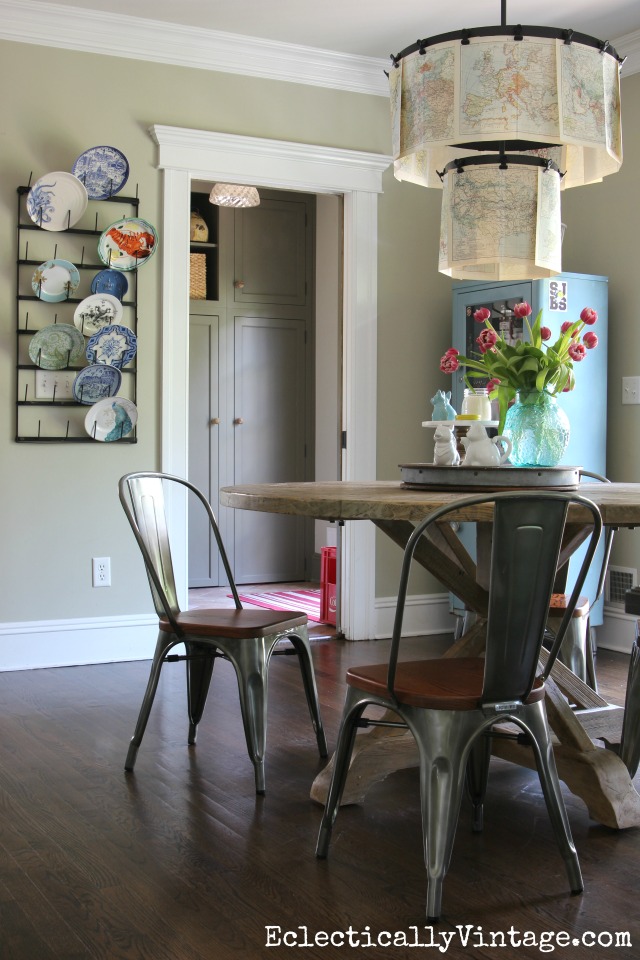 Modern farmhouse kitchen - love the round table and industrial chairs with clip chandelier kellyelko.com