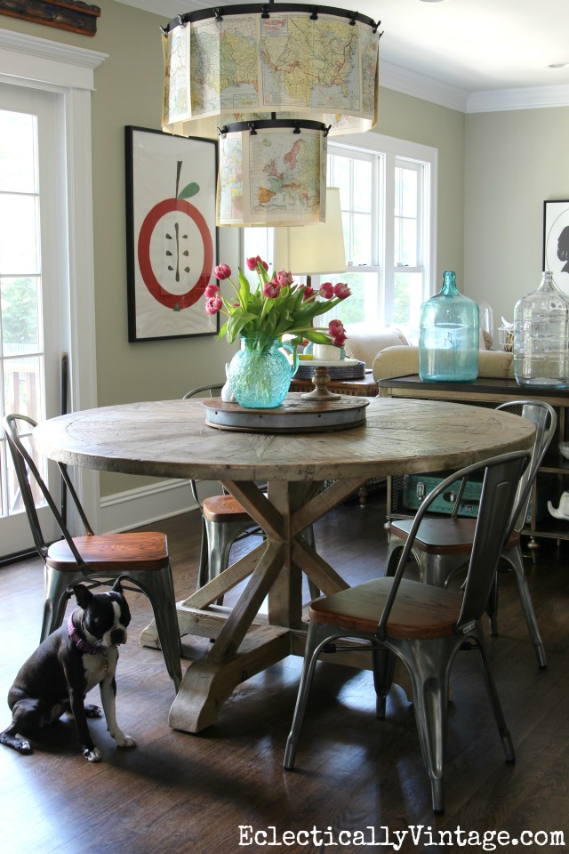 Love this round farmhouse dining table and industrial chairs kellyelko.com