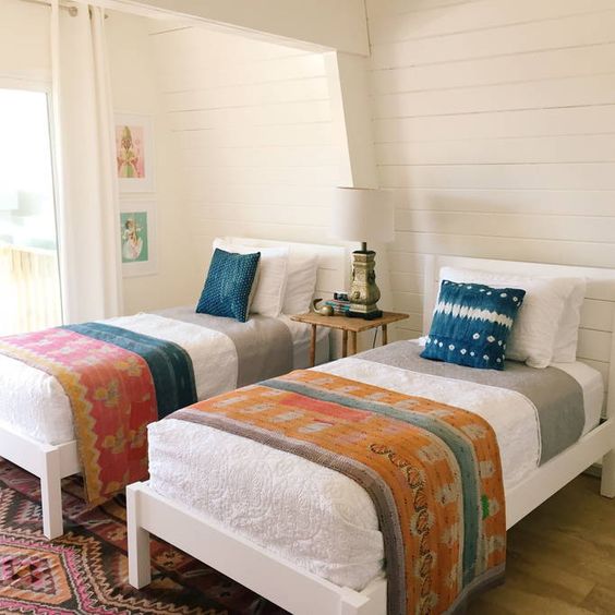 Shiplap walls bedroom - love the vintage kantha quilts kellyelko.com