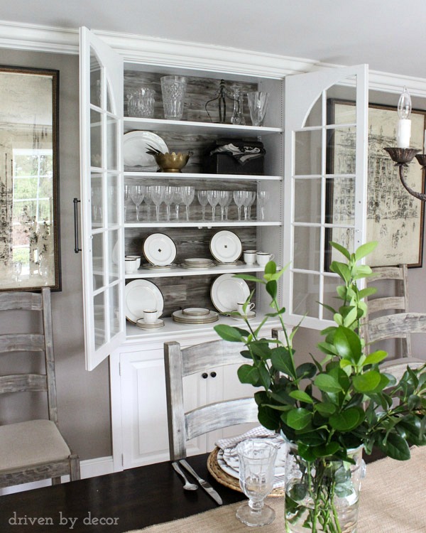 Add flooring to the back of a china cabinet for interest kellyelko.com