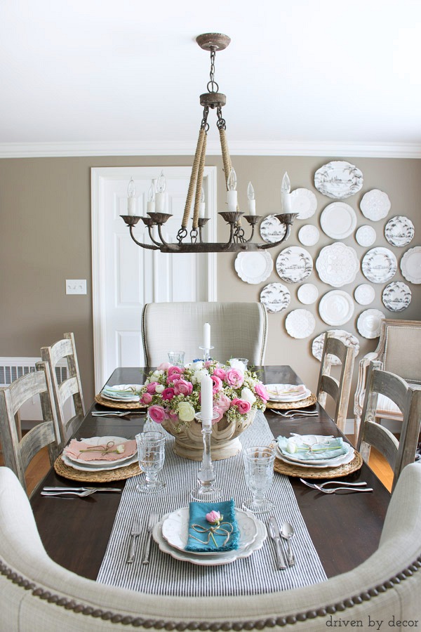 Beautiful neutral dining room with amazing plate wall kellyelko.com