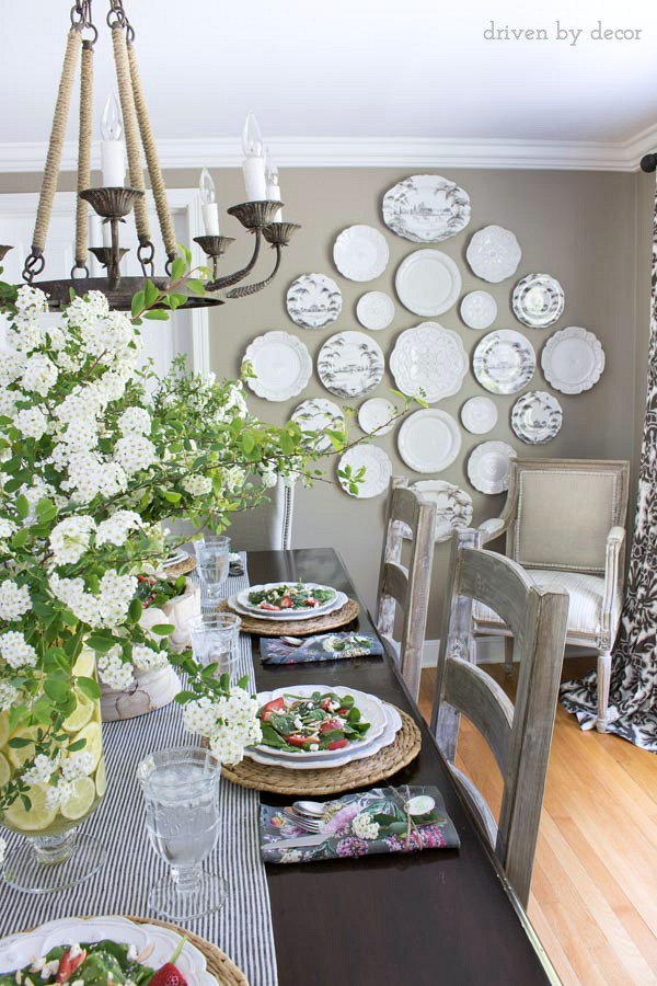 Gorgeous black and white plate wall in gray dining room kellyelko.com