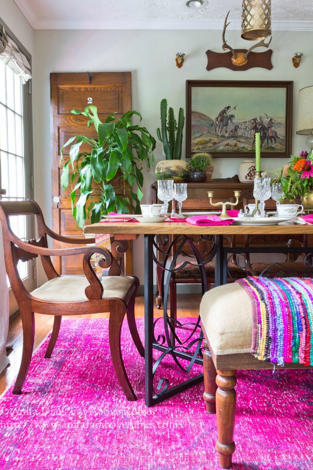 Boho dining room - love the pink overdyed rug kellyelko.com