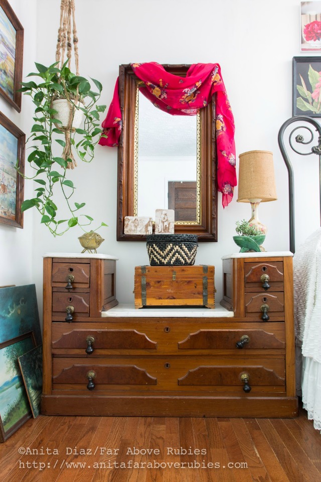 Antique nightstand - love the hanging macrame plant holder kellyelko.com