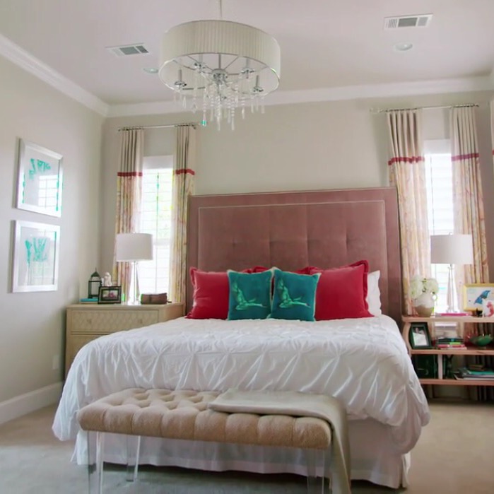 Master bedroom - love the tall upholstered headboard kellyelko.com