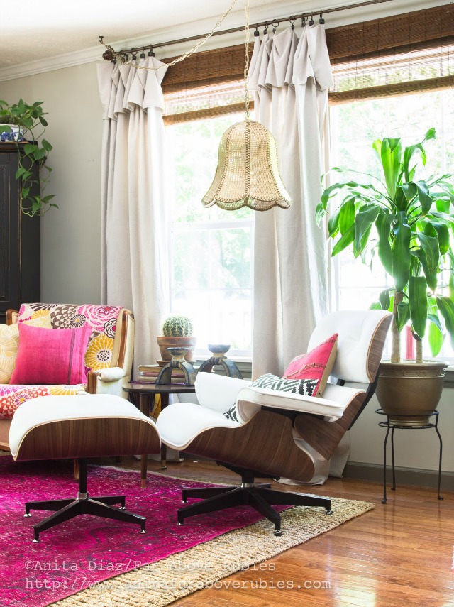 Mid century chair and living room - love the vintage light kellyelko.com