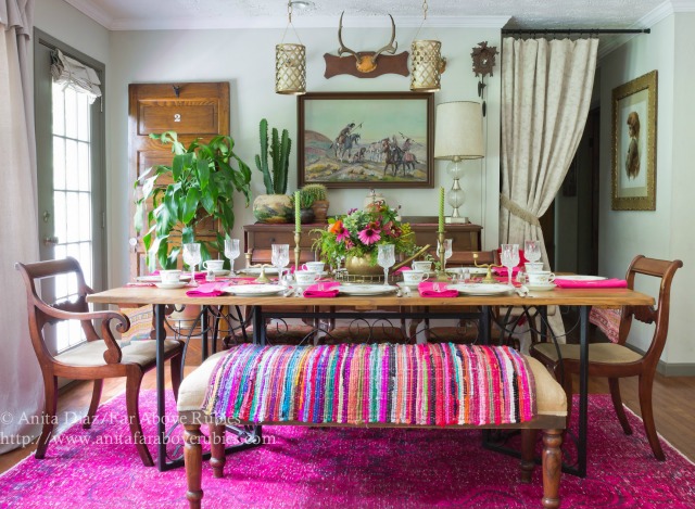 Love this fun, colorful dining room with antique furniture and overdyed pink rug kellyelko.com