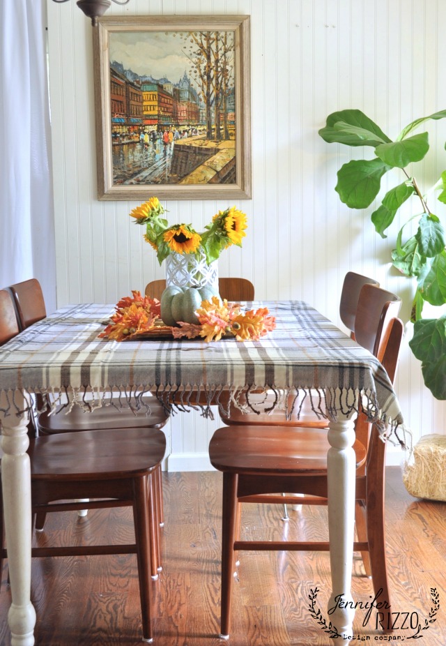 Love this dining room - use a plaid blanket as a tablecloth for fall kellyelko.com