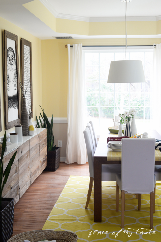 Yellow dining room with reclaimed wood buffet kellyelko.com